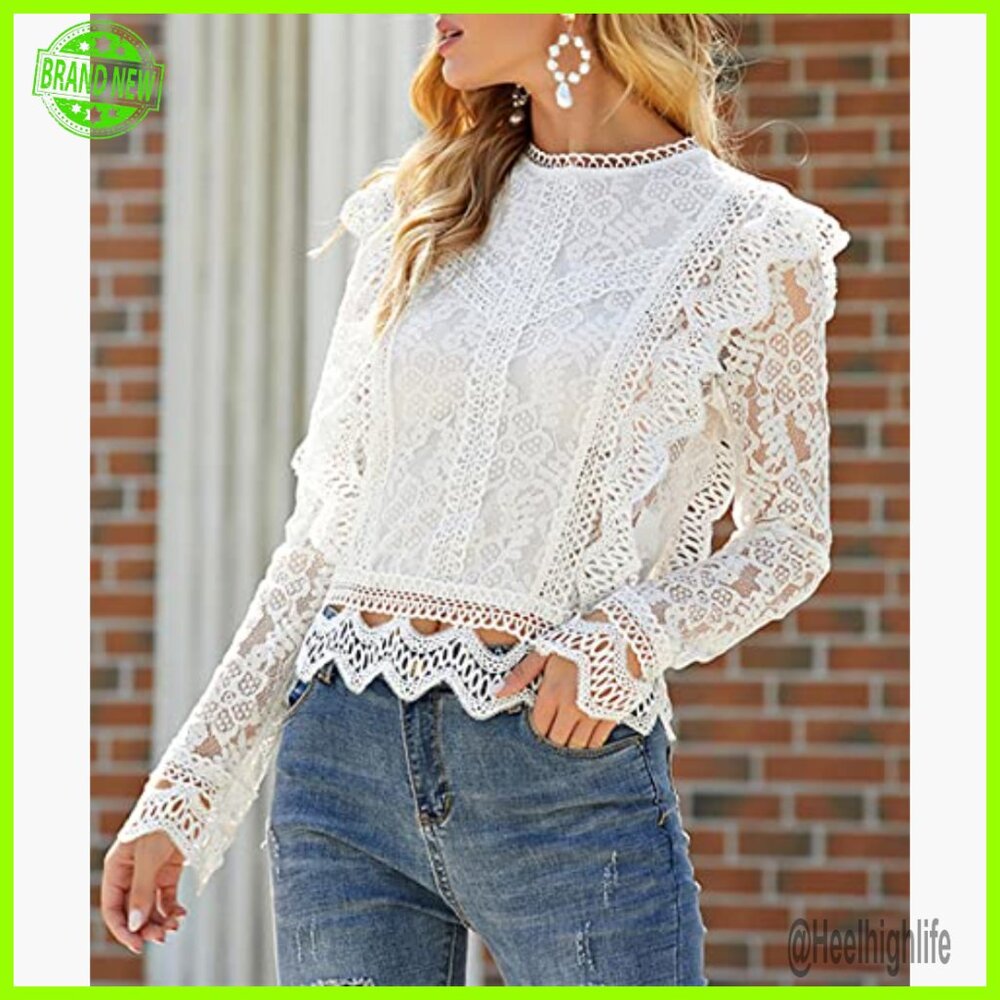 Floral Lace Crochet Sheer Blouse Victorian Ruffle Trim Scalloped Hem - Picture 3 of 3